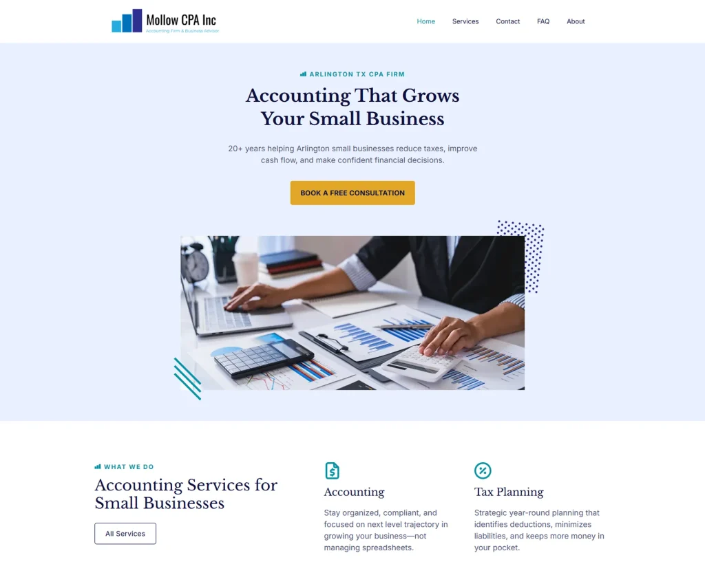 Screenshot of web design for CPA service
